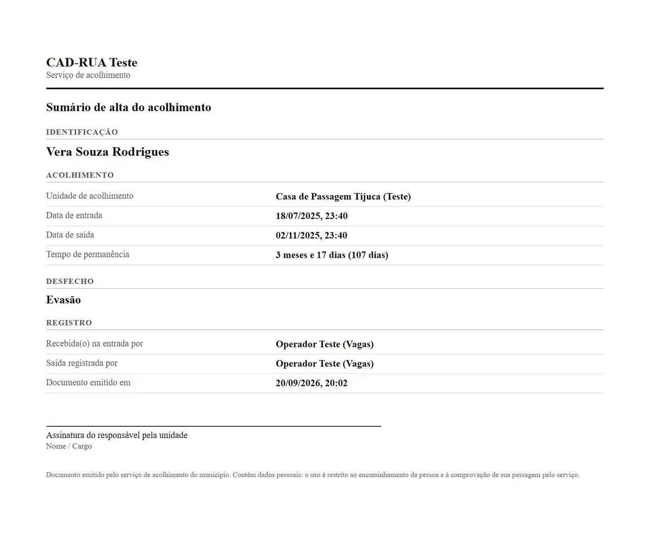 Sumário de alta do acolhimento, pronto para impressão