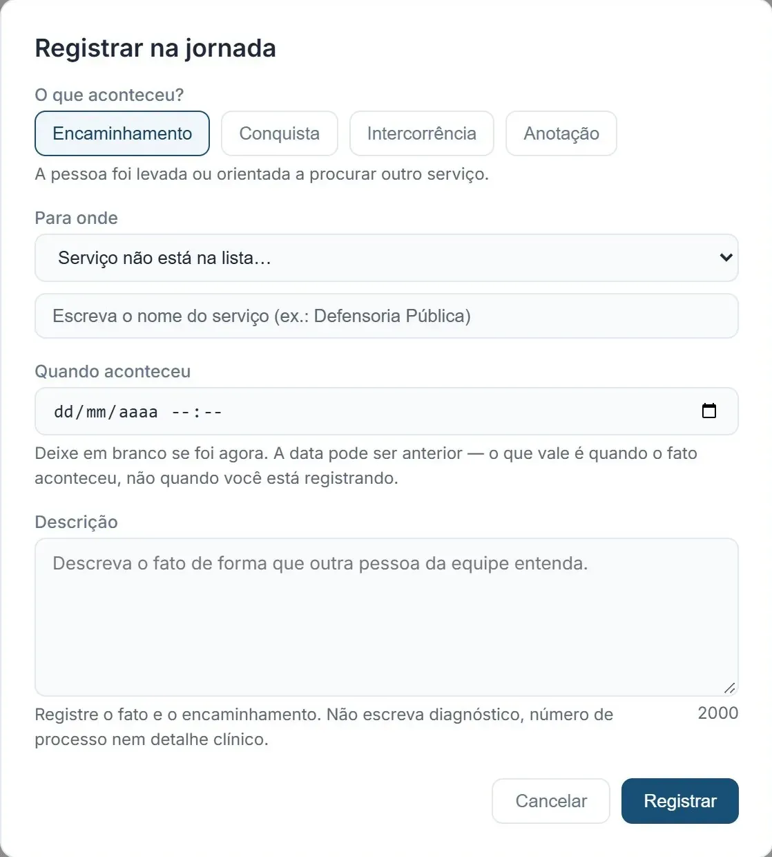 Painel Administrativo: registrar um fato na jornada (encaminhamento, conquista, intercorrência, anotação)