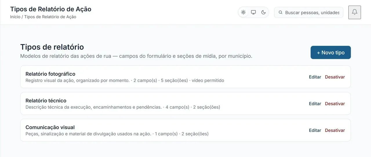 Painel Administrativo: tipos de relatório configuráveis para as ações de rua