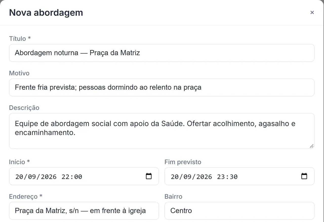 Painel Administrativo: formulário de nova abordagem (título, motivo, descrição, horário, endereço)