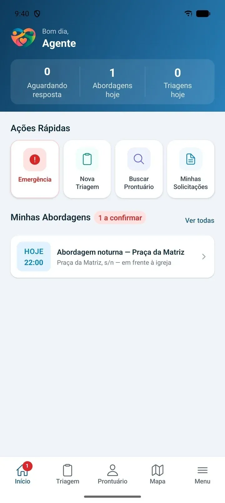 Tela inicial do Aplicativo de Campo, com ações rápidas e um convite pendente