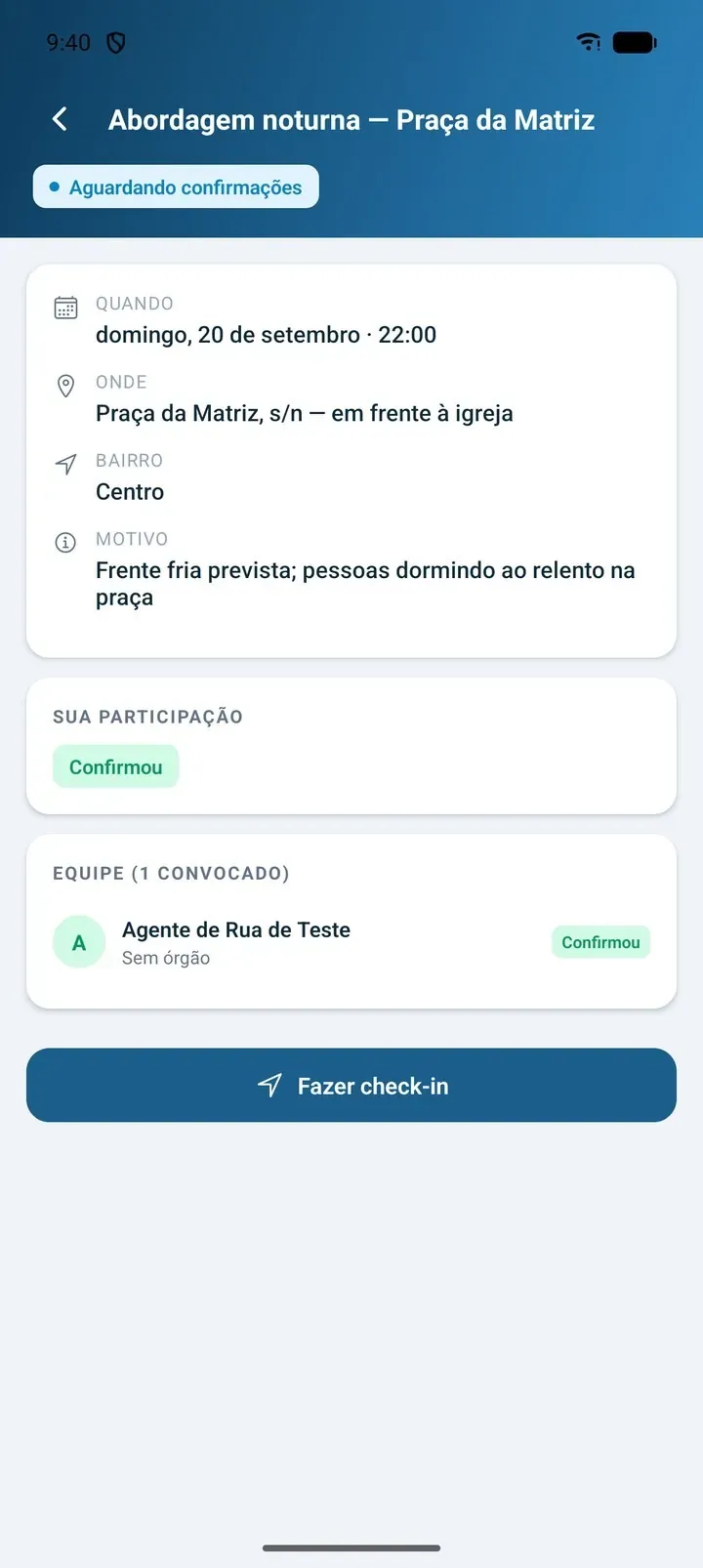 Aplicativo de Campo: participação confirmada, com o botão de check-in