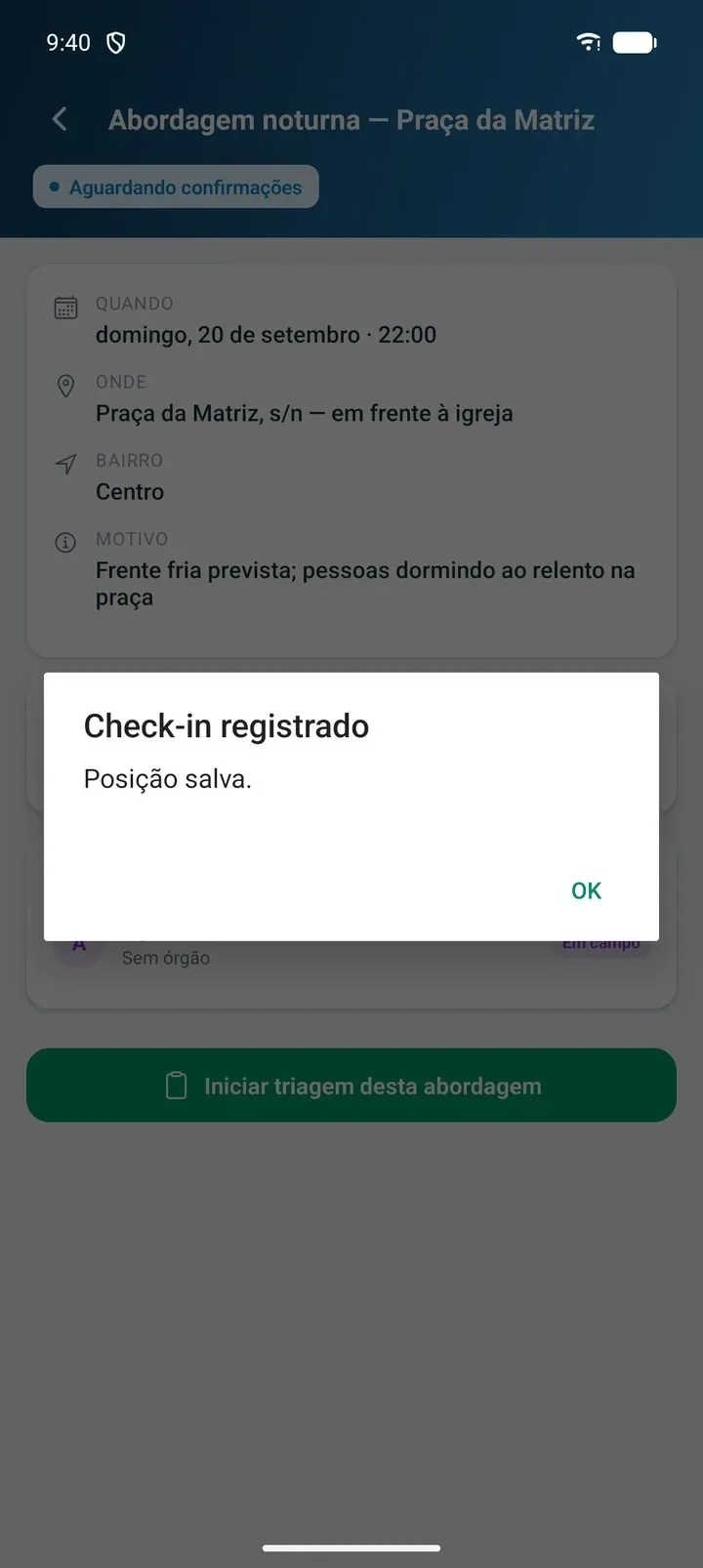 Aplicativo de Campo: check-in registrado com a posição do agente