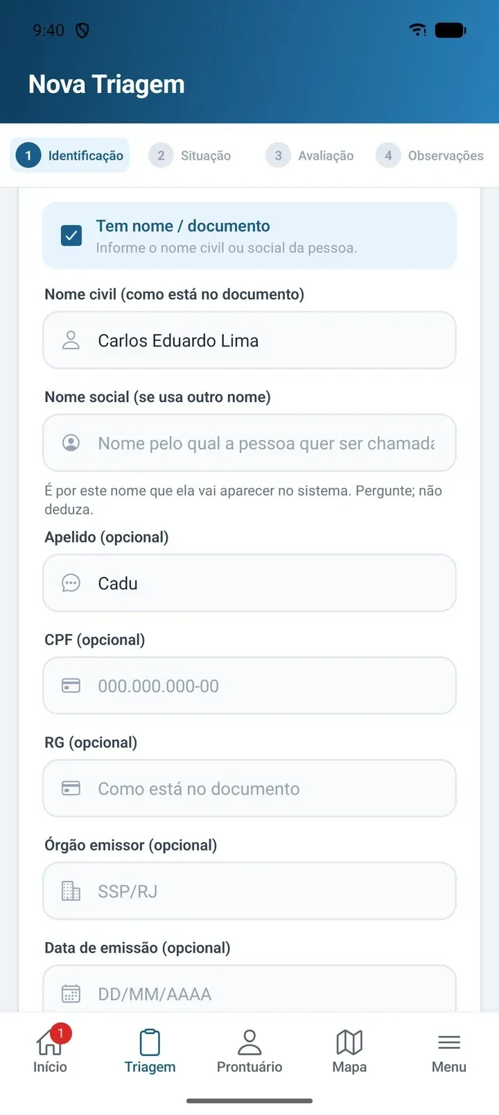 Triagem no Aplicativo de Campo, etapa 1 de 4: identificação