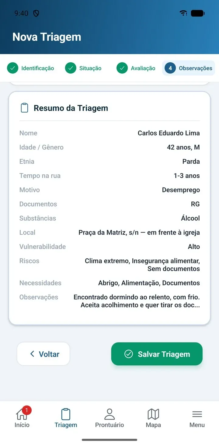 Resumo da triagem no Aplicativo de Campo, antes de salvar