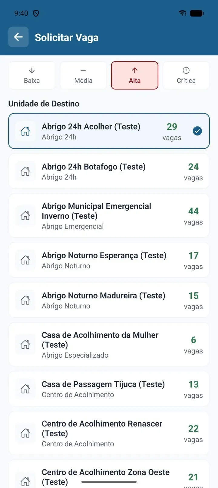 Aplicativo de Campo: pedido de vaga com as unidades e as vagas livres