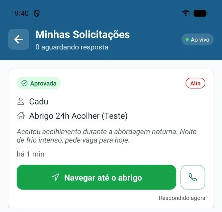 Aplicativo de Campo: pedido aprovado, com o botão para navegar até o abrigo