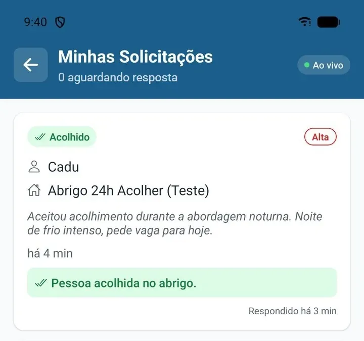 Aplicativo de Campo: confirmação de que a pessoa foi acolhida no abrigo