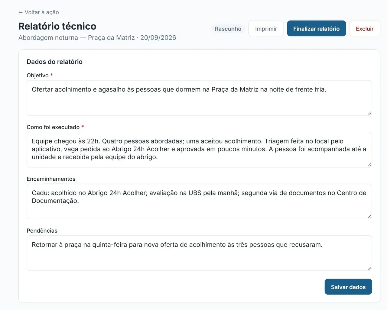 Painel Administrativo: relatório técnico da ação em preenchimento