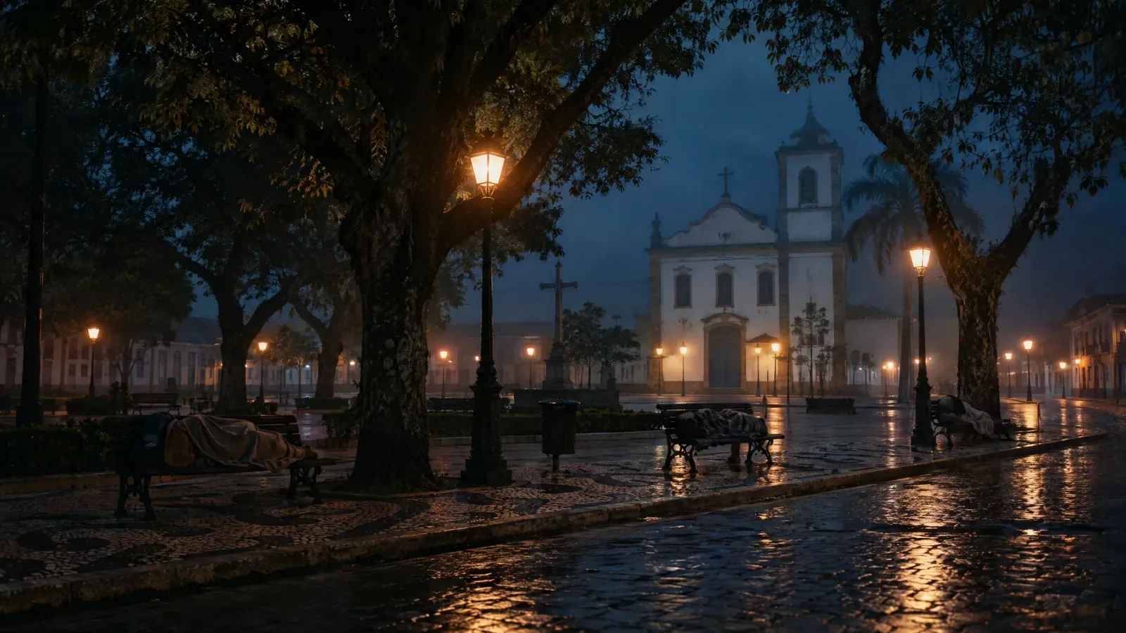 Cena ilustrativa: praça da igreja à noite, molhada de chuva, com um homem dormindo num banco