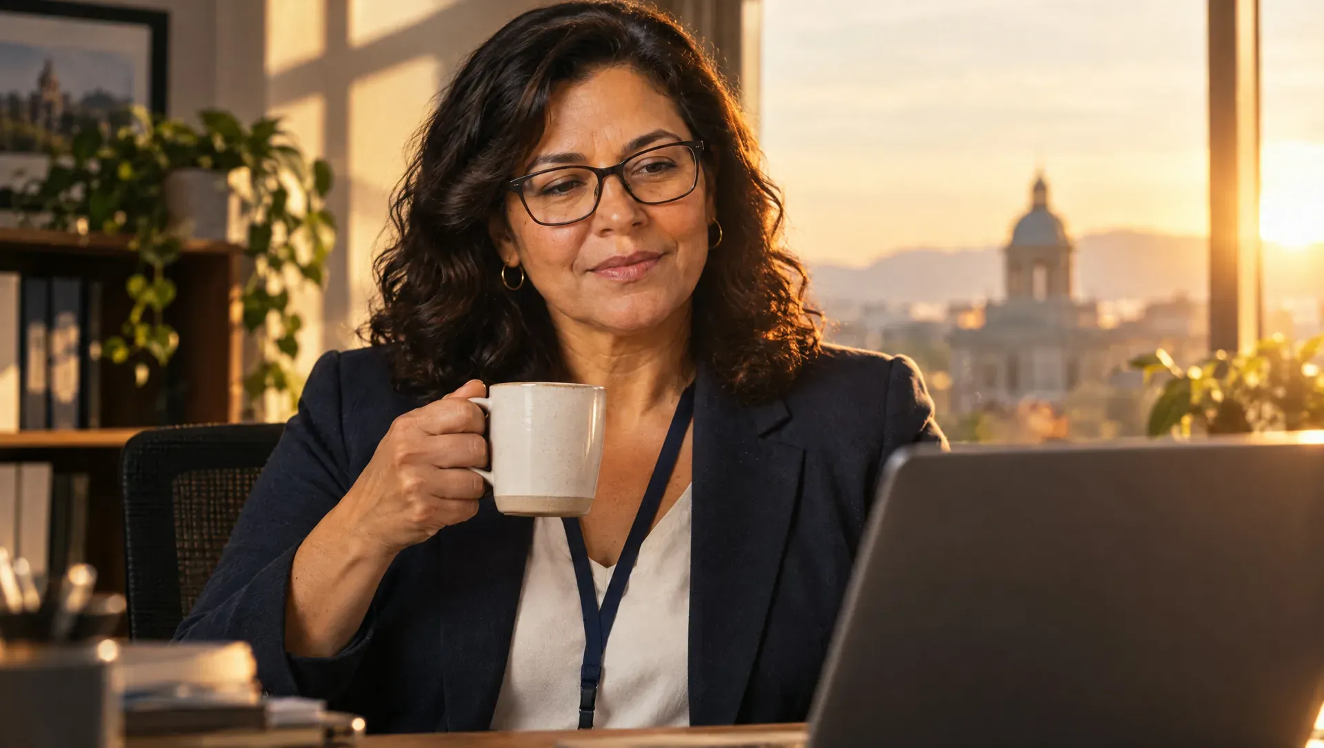 Ilustração: a coordenadora com uma xícara de café na manhã seguinte