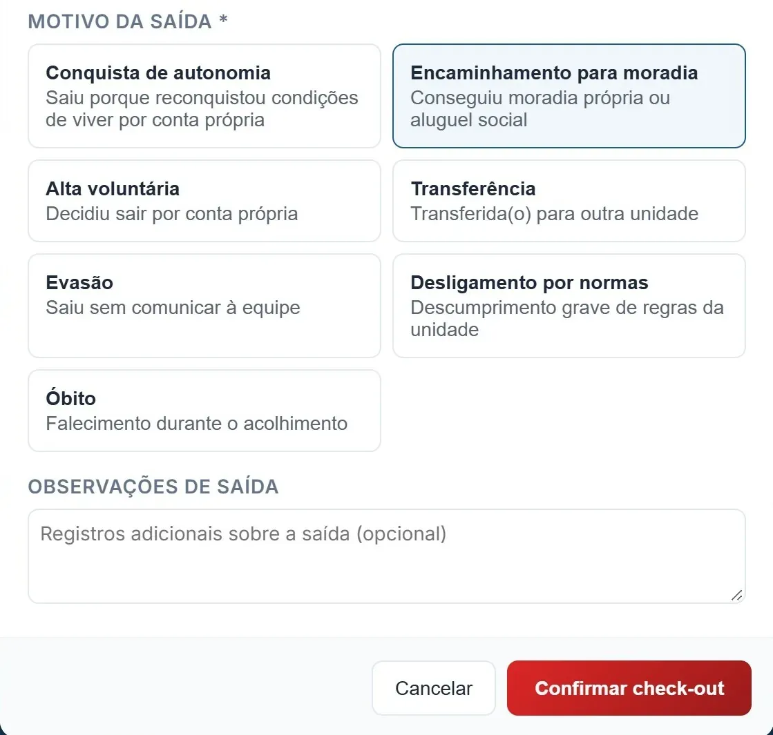 Gestão de Vagas: saída do acolhimento com motivo obrigatório