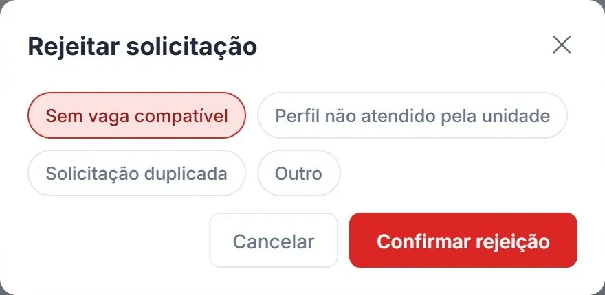 Gestão de Vagas: rejeitar solicitação com motivo