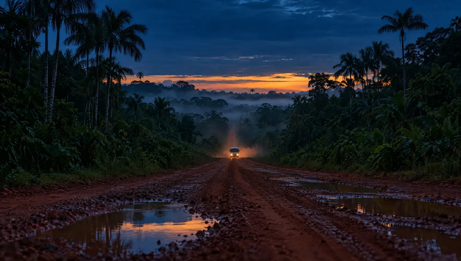 Estrada de terra vermelha na floresta com faróis de um veículo ao longe