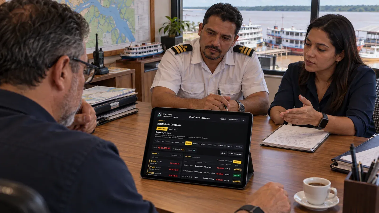 Dono, comandante e gerente conferindo a receita num tablet