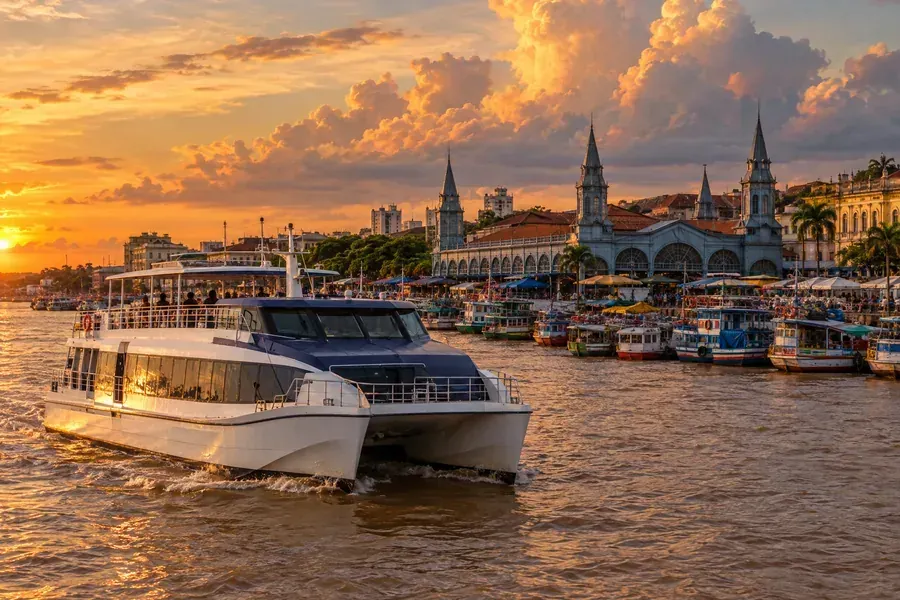 Catamarã junto a uma cidade ribeirinha ao pôr do sol