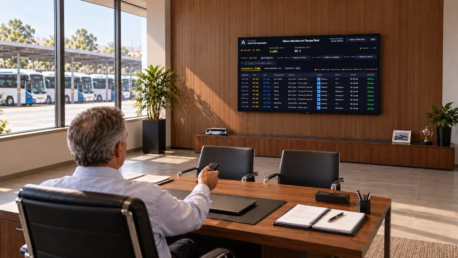 Escritório com TV na parede exibindo o painel da frota em tempo real