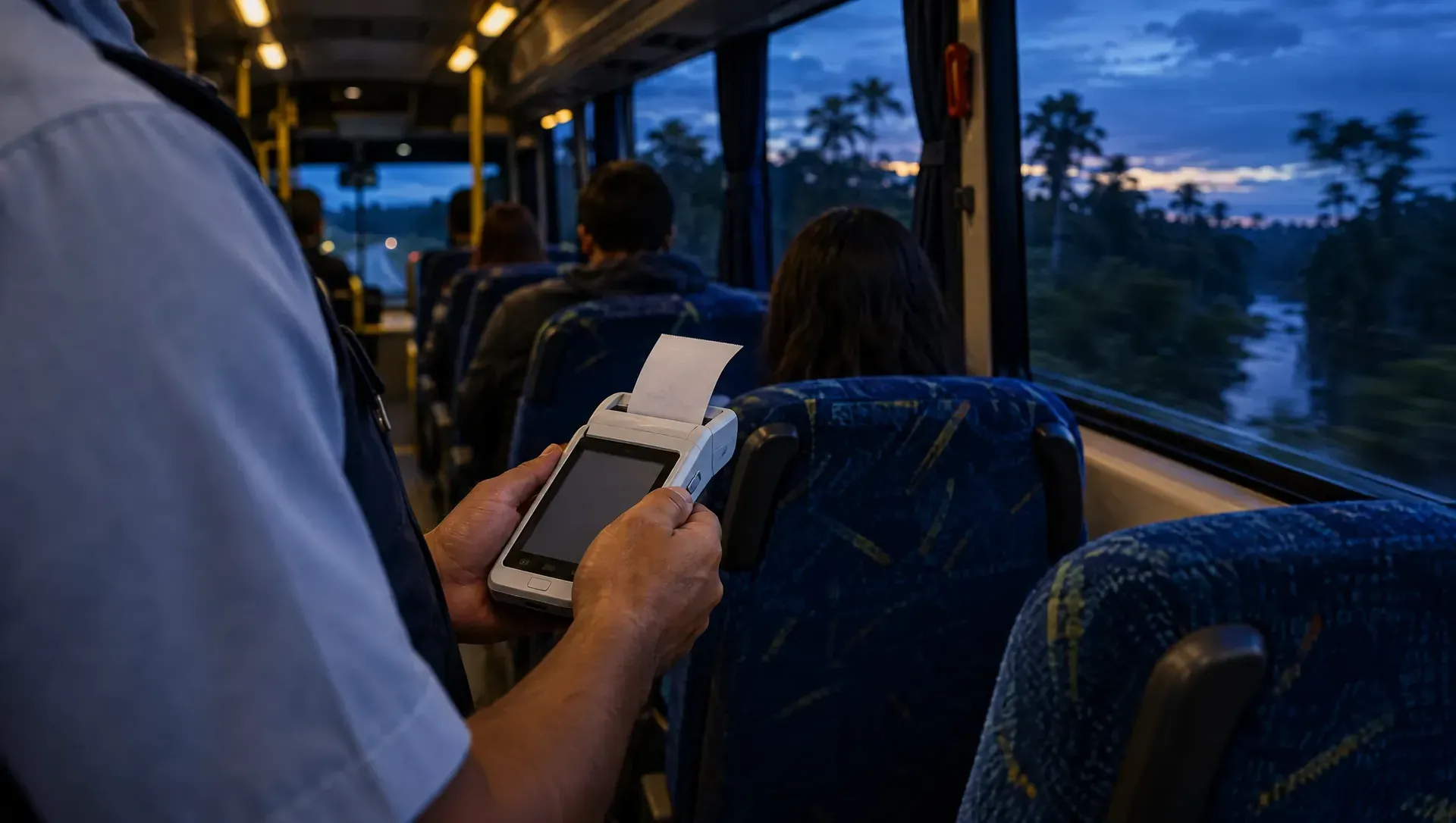 Tripulante imprimindo uma passagem num terminal portátil a bordo