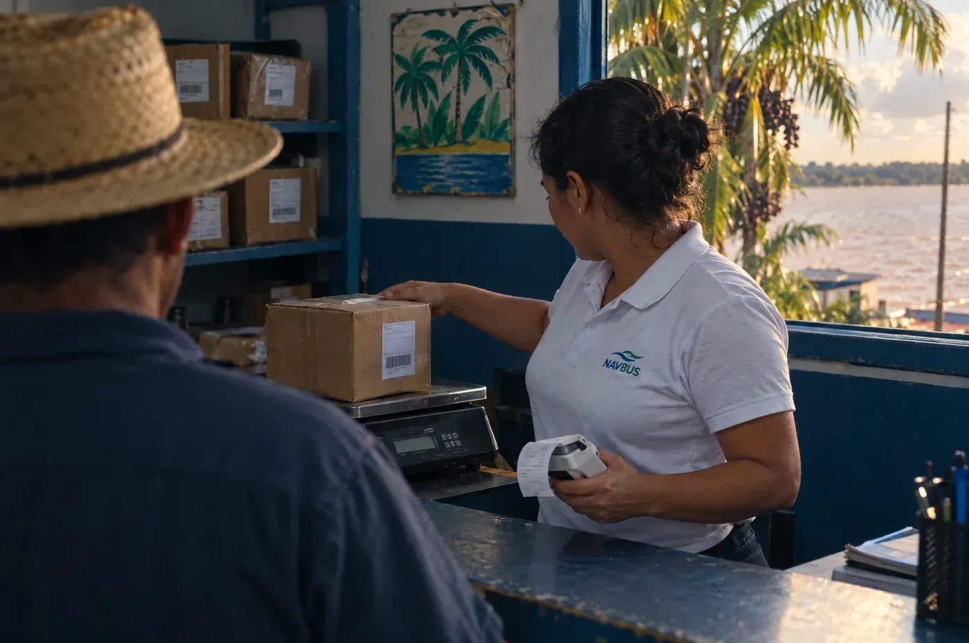 Atendente registrando uma encomenda no guichê à beira do rio