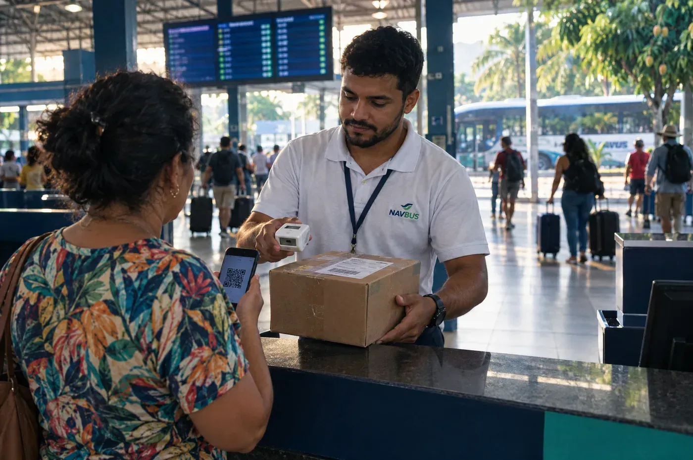 Cliente retirando uma encomenda no balcão do terminal, mostrando um código no celular