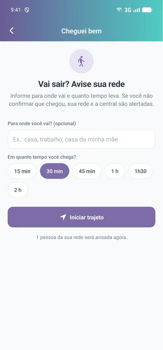 App da usuária: aviso "Cheguei bem" para a rede de proteção