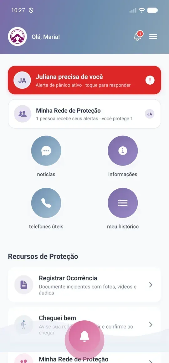 Tela inicial do aplicativo ProElas com a rede de proteção e os recursos