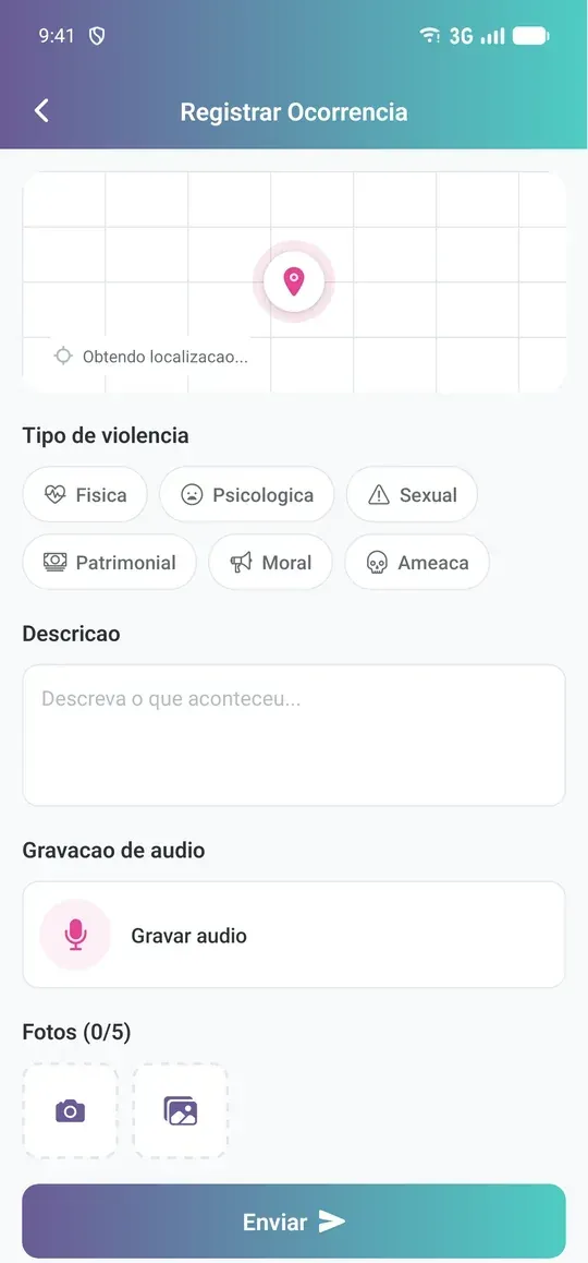 App da usuária: registrar ocorrência por tipo, com áudio e fotos