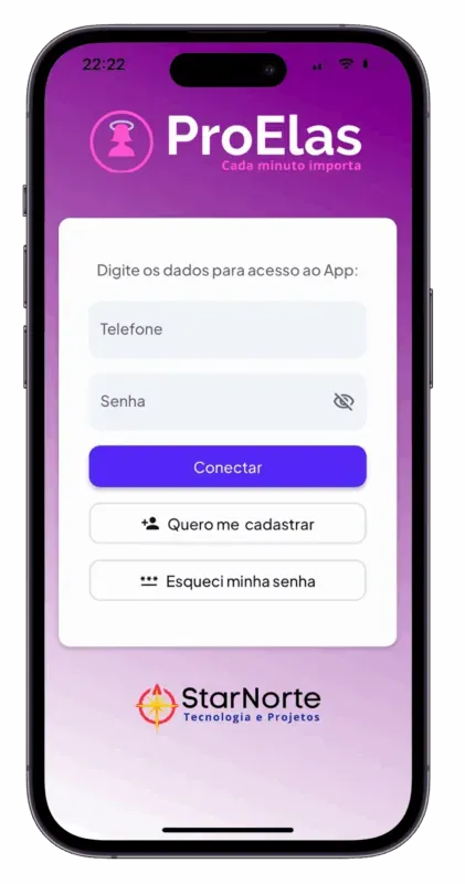 Tela de acesso do aplicativo ProElas num mockup de celular