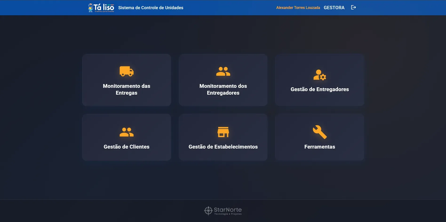 Console de gestão do Tá Liso com módulos de entregas, entregadores, clientes e estabelecimentos