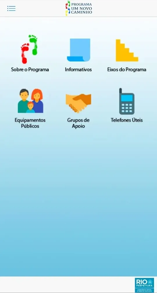 Tela inicial do app Um Novo Caminho, com Sobre o Programa, Informativos, Eixos do Programa, Equipamentos Públicos, Grupos de Apoio e Telefones Úteis