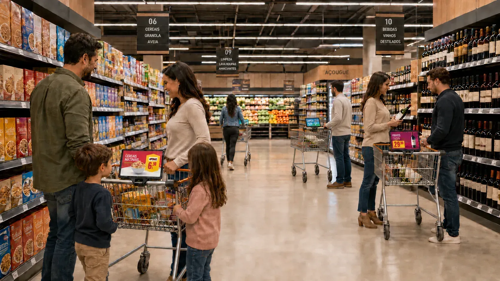 Families with carts fitted with handle screens in a supermarket aisle